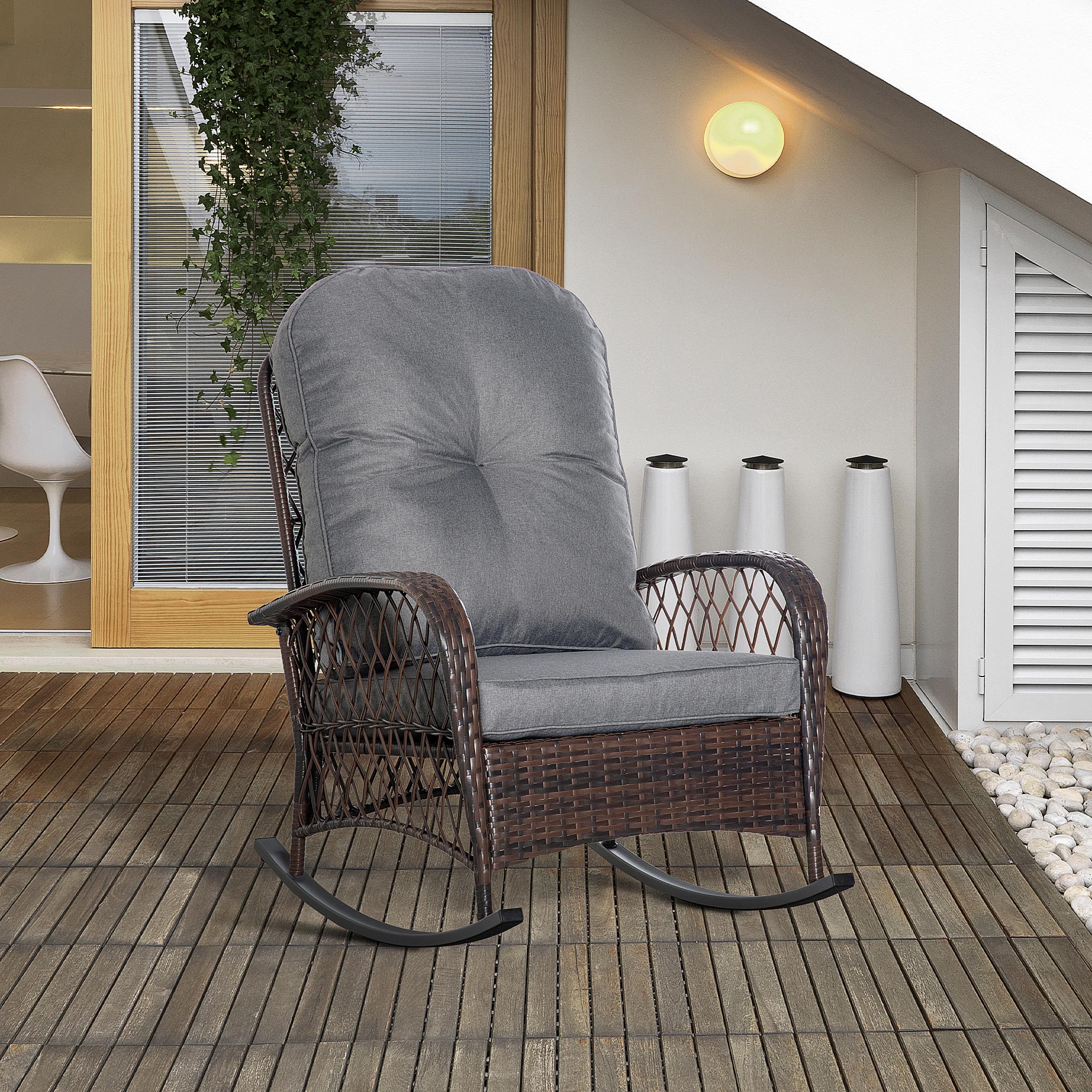 Outsunny poly rotan schommelstoel, schommelstoel, tuinstoel met kussen, loungemeubels, tuinmeubelen, terrasmeubels, bruin, 75 x 103 x 96 cm