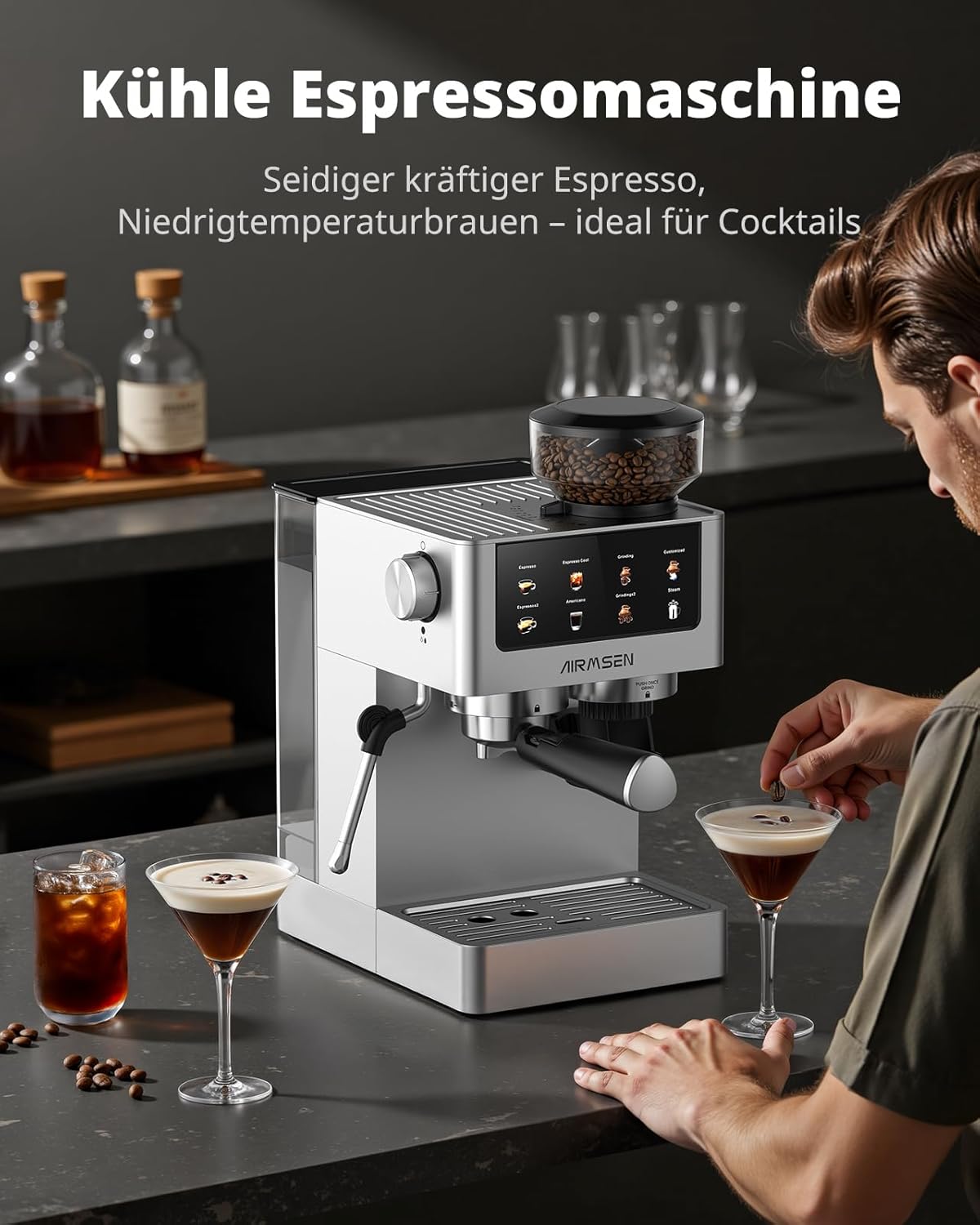 AIRMSEN 20 Bar Siebträgermaschine mit Kegelmahlwerk & Milchschäumer, 1.8L Wassertank, Edelstahl Espressomaschine Kaffeemaschine für Americano, Cappuccino und Latte
