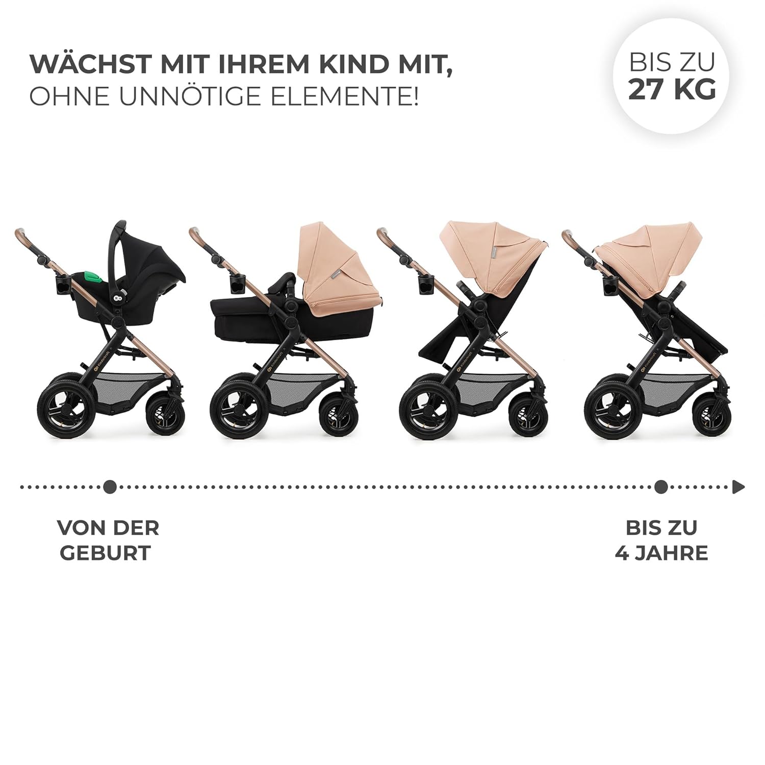 Kinderkraft MOOV2 AIR Kinderwagen 3 in 1 Kinderwagenset bis 26 kg mit Kindersitz I-SIZE 40-75 cm, Buggy Funktion, Liegeposition verstellbar, Große ausziehbare Verdeck, Aufblasbare Räder, Schwarz