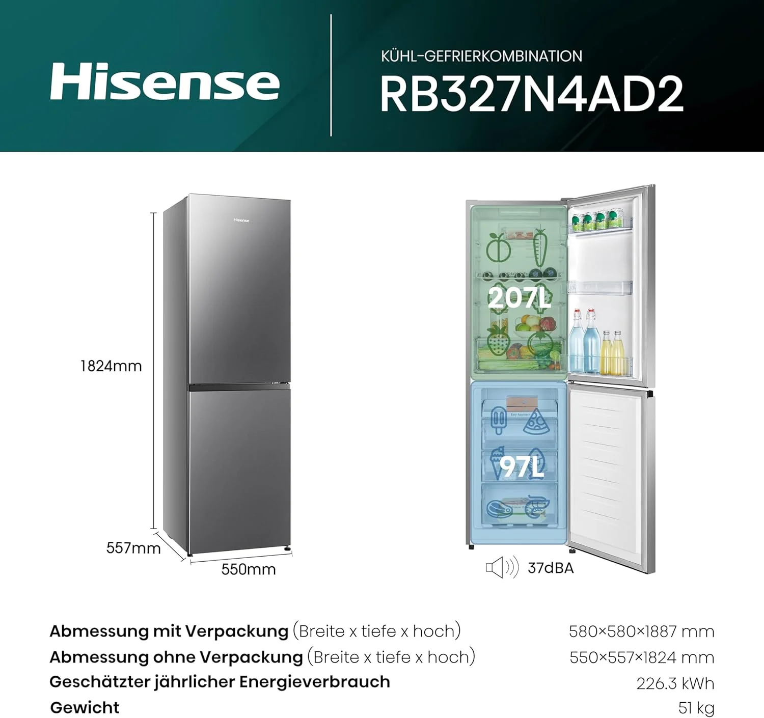 Hisense RB327N4ADD Koelvriescombinatie, EEK D, Total NoFrost, Verwisselbare Deurscharnieren, Flessenrek, 171 Liter Koelgedeelte, 85 Liter Vriesgedeelte, Roestvrijstalen look