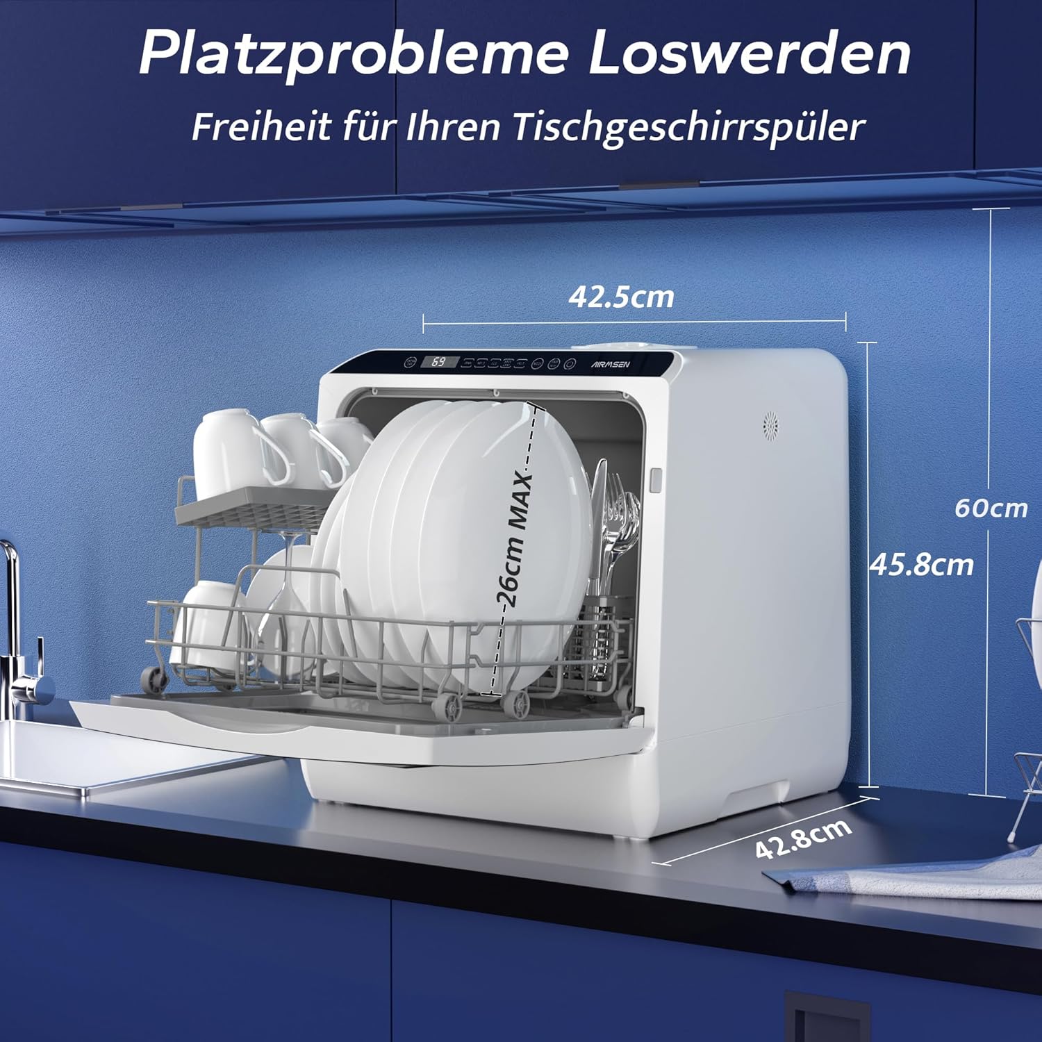 AIRMSEN Mini Geschirrspüler Tischgeschirrspüler mit 5+1 Programme 5L Wassertank, 2 Wege Wasserversorgung, Touch Control & LED-Display, Geeignet für Hausküchen, Wohnungen, Schlafsäle, Weiß & Schwarz