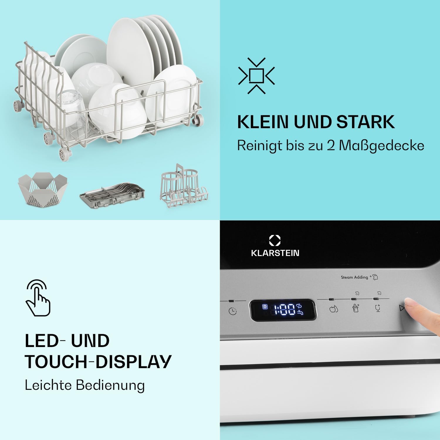 Klarstein  ia Mini Geschirrspüler, Spülmaschine mit Platz für 2 Maßgedecke, 6 Programme, 5 L Wasser benötigt, LED-Display, Touch, Tischgeschirrspüler inkl. Zubehör, schwarz