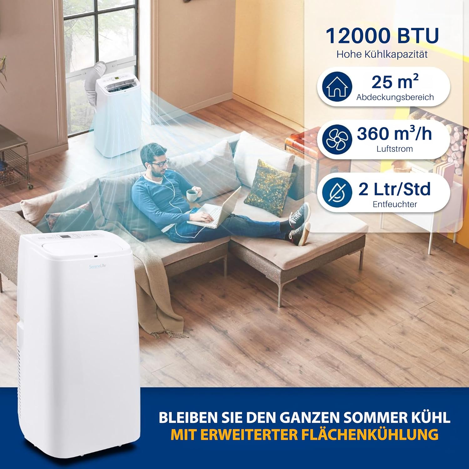 SereneLife Klimaanlage mobil, 3-in-1 mobiles Klimagert mit Abluftschlauch - Luftkühler, Luftentfeuchter & Ventilator, air conditioner 9.000 BTU, 1,5 L Feuchtigkeit/Stunde, kühlt Rume bis 42 m