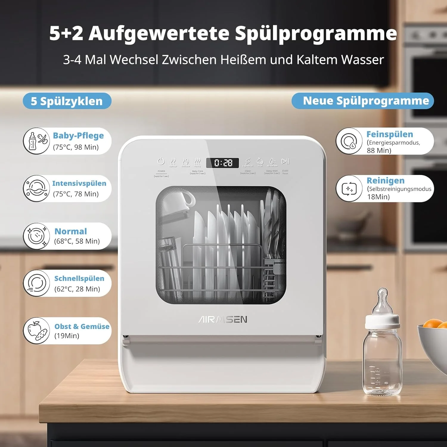 AIRMSEN Tafelvaatwasser, minivaatwasser met watertank, vaatwasser met 9 programma's, 37 x 50 cm, ultrasmal & diep, 1-24 uur timer, 360�� dubbele sproeifunctie, slang/slangloos, wit (wit)