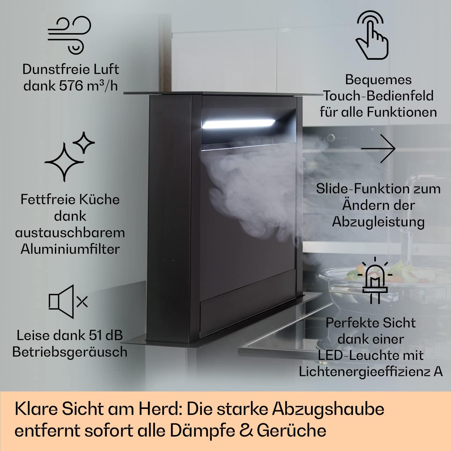Klarstein Downdraft-Dunstabzugshaube, Versenkbare Abzugshaube, Leise Dunstabzugshauben mit Filter, Dunstabzugshaube 60cm, Umluft/Abluft Dunsthaube mit 10 Stufen, Dunstabzug 576 m³/h Luftstrom