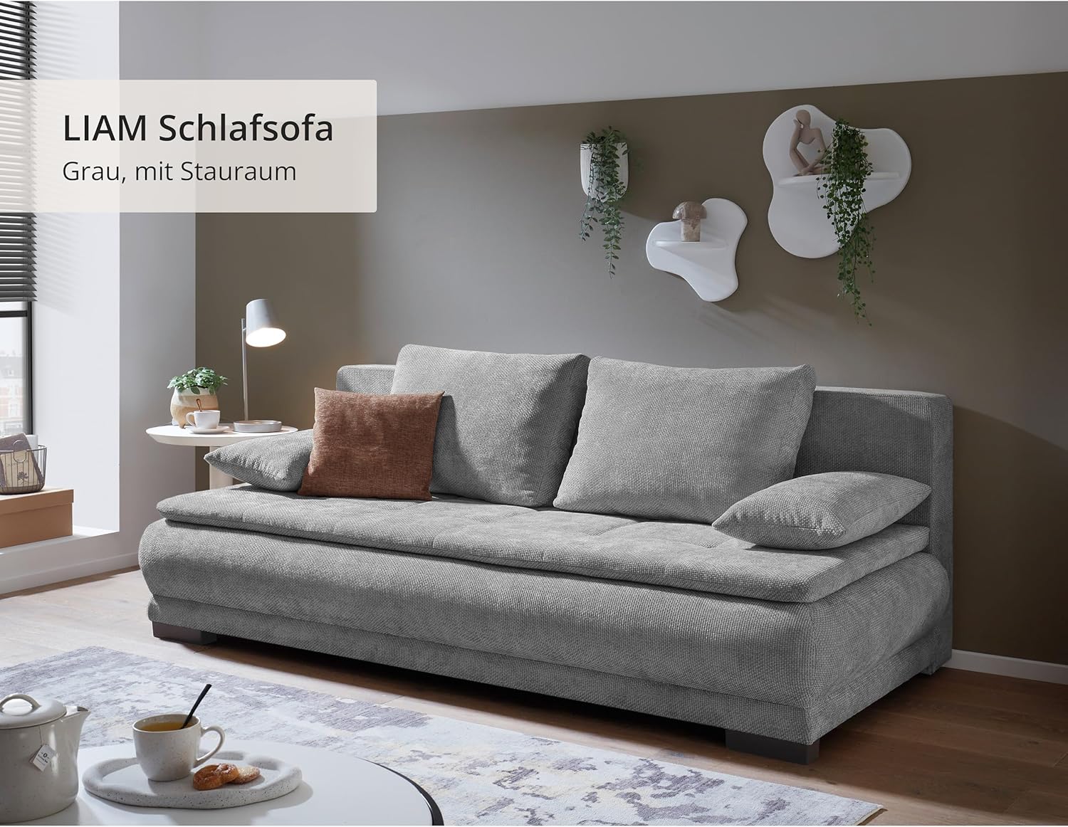 Liam Schlafsofa in grau – Modernes Design mit Bonell-Federkern, Bettkasten & Schlaffunktion für höchsten Komfort im Wohn- und Gästebereich