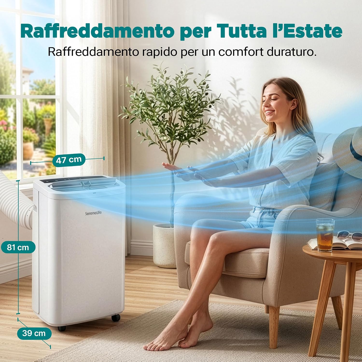 SereneLife Mobile Klimaanlage 4,1 kW 13000 BTU – Kleine Klimaanlage für Zimmer bis 105 m² Leise 52 dB Klimagerät fürs Schlafzimmer mit WLAN Entfeuchter, Lüfter, Fernbedienung