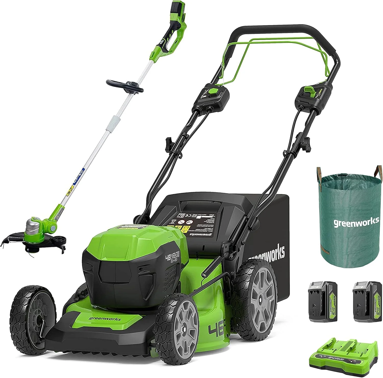 Greenworks 48V (2x24V) Zelfrijdende Accu Grasmaaier voor grote oppervlakken tot 480m2, 46cm maaibreedte, 55L opvangzak PLUS twee 4Ah-accu's en dubbele oplader GD24X2LM46SPK4X