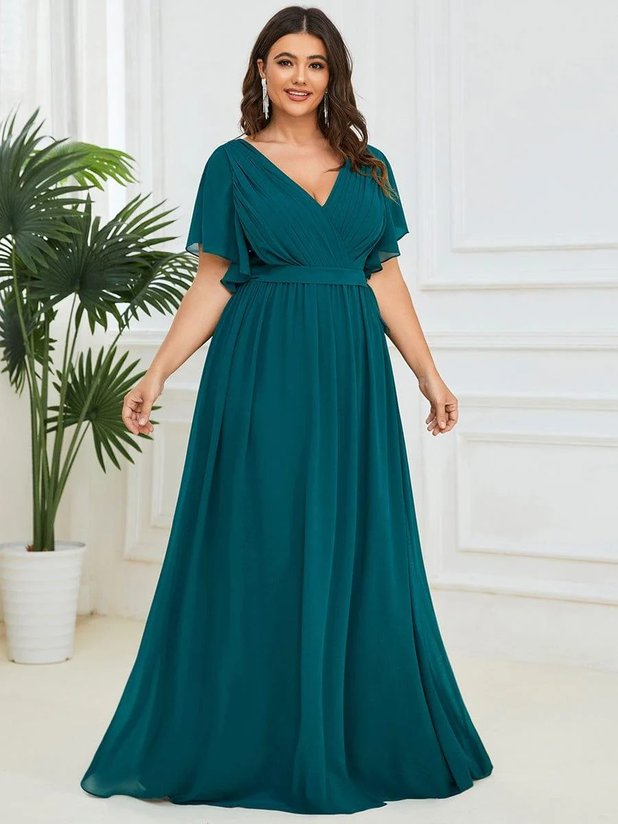 Abendkleid Damen Maxi A-Linie aus Chiffon | Festliches Kleid f��r Hochzeitsg?ste mit V-Ausschnitt und Fl��gel?rmeln