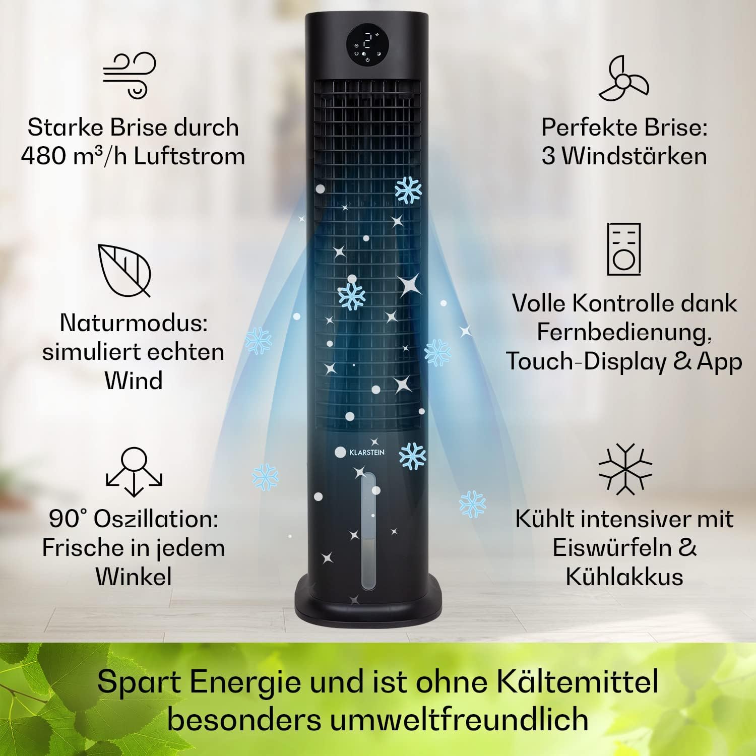 Klarstein Luftkühler mit Wasserkühlung, 5-in-1 Verdunstungskühler, Luftbefeuchter, Ventilator & Luftreiniger, Mobile Klimageräte Luftkühler mit App-Steuerung, 80W Air Cooler, 462m³/h Luftstrom, Weiß