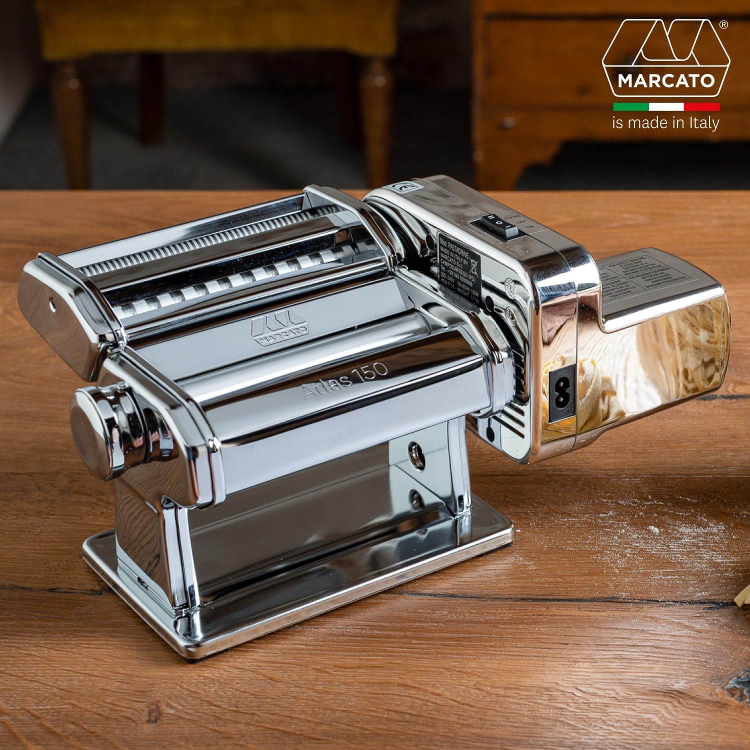 Marcato Elektrische Nudelmaschine Atlas 150 + Motor, Atlasmotor, Für Pasta, Lasagne, Fettuccine, Tagliolini, aus Edelstahl
