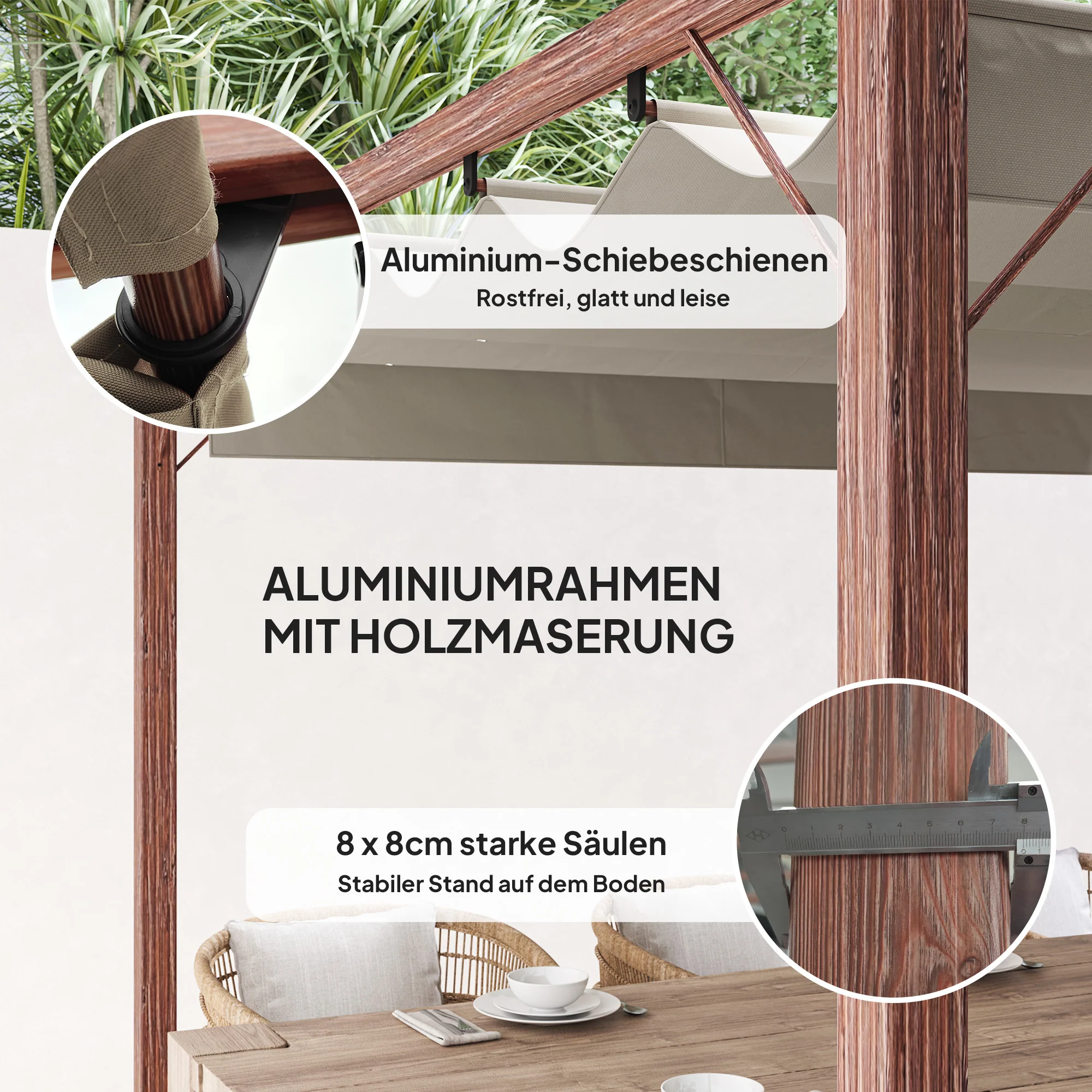 Outsunny 3 x 3 m Tuin-Pergola, Verstelbaar Terrasdak, Aluminium Frame, UPF30+ Zonbescherming, Natuurlijk Hout