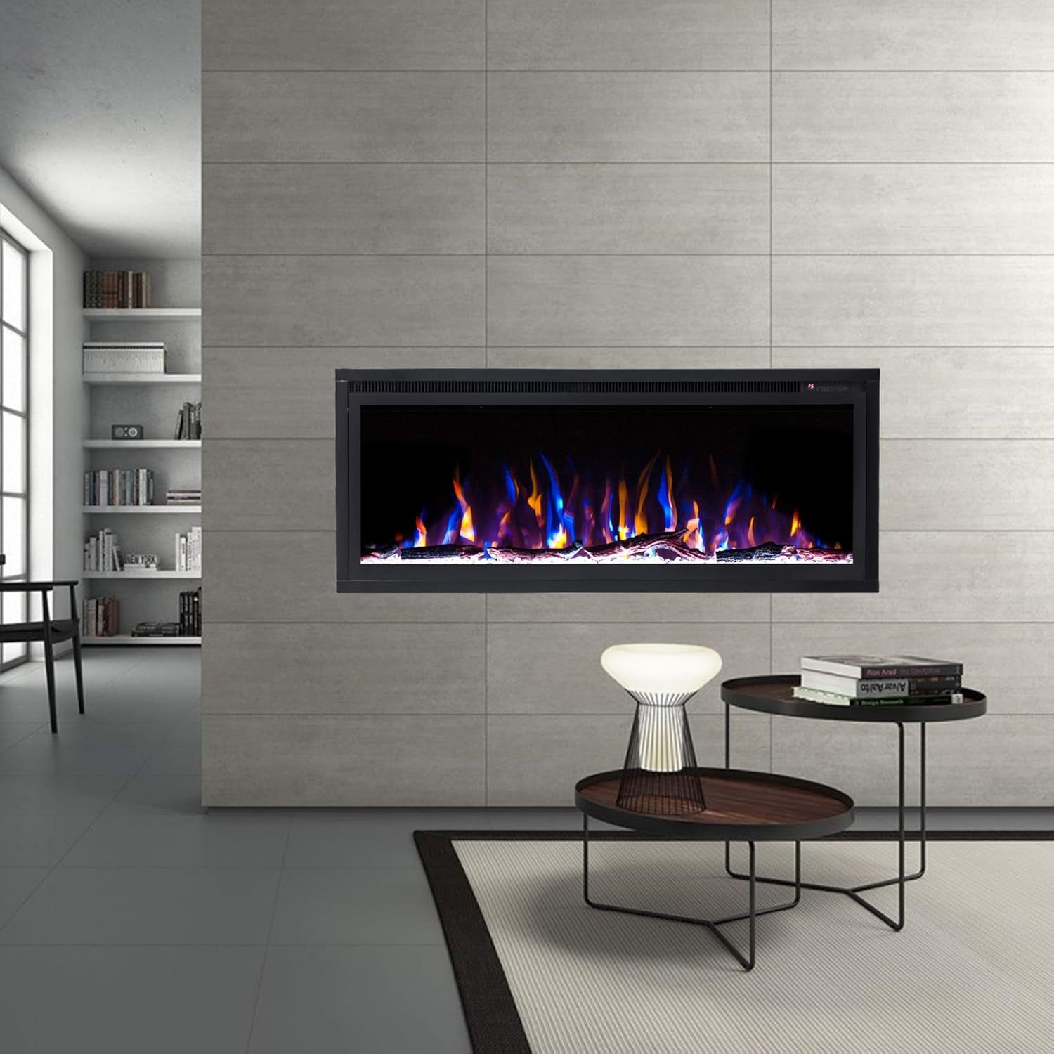 Modern Slimline Recessed Electric Fireplace with Heater - Black Finish