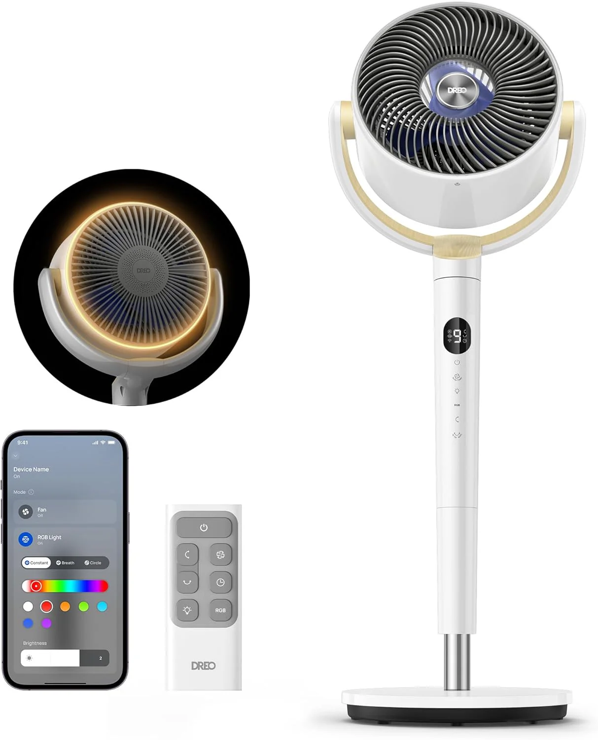 DREO Smart Fan for Bedroom. 120掳 +120掳 Omni-Directional Oscillating Fans. 100ft Quiet Pedestal Fan with RGB Light. 9 Speeds. 6 Modes. 20dB. 8H Timer. Wi-Fi/Voice/Alexa. 37-42 Floor Fans with Remote