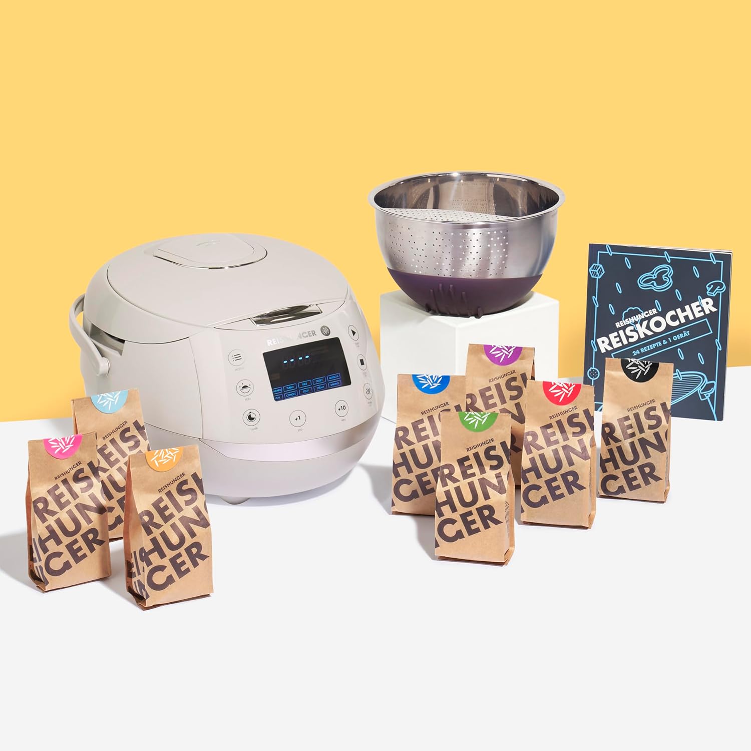 REISHUNGER Digitaler Reiskocher & Dampfgarer Schwarz | 1,5 L bis 8 Personen | Warmhaltefunktion, Timer & Premium Innentopf | Multikocher, 12 Programme, 7-Phasen-Technologie