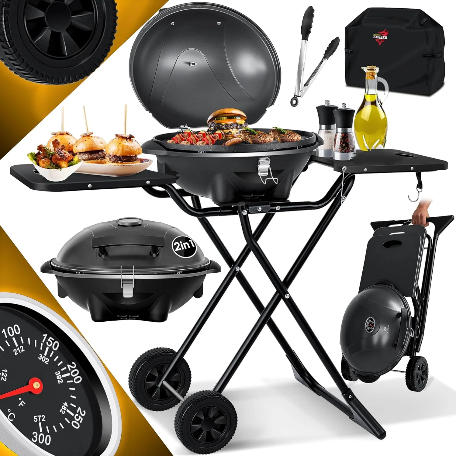 KESSER elektrische grill 2-in-1 tafelgrill - staande grill met deksel en onderstel | max. 2400 watt | opvouwbaar | thermostaat | antiaanbaklaag | grillplaat bijzettafels | 2 wielen |