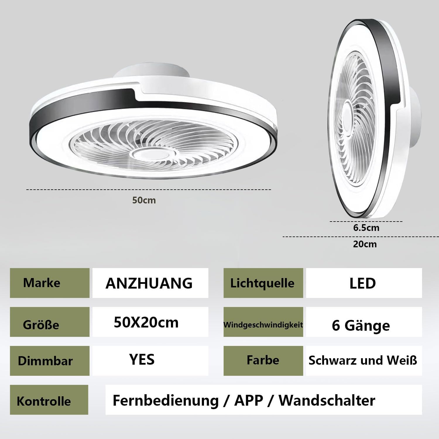 LED Deckenventilator mit Beleuchtung Leise 6 Windstufen, lampe mit ventilator, APP, Modernes Design deckenventilator mit licht für Wohnzimmer Schlafzimmer,(50CM，Weiß)