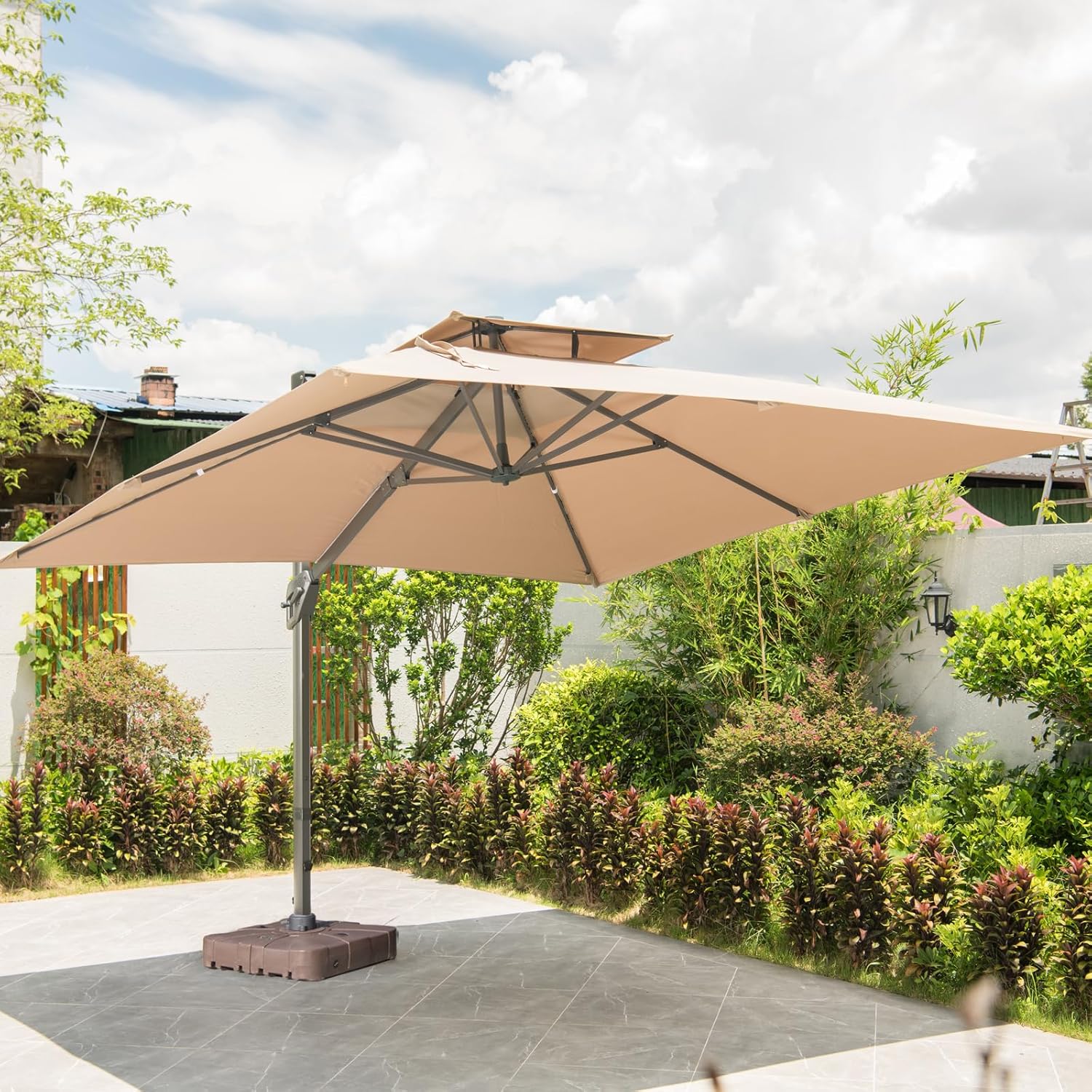 LKINBO Sonnenschirm 300 x 400 cm Rechteckig mit Ständer und Kurbel, Groß Ampelschirm Terrassenschirm 360°Drehbar Parasol Windfest Gartenschirm Wasserdicht Marktschirm für Garten Deck Outdoor, Khaki