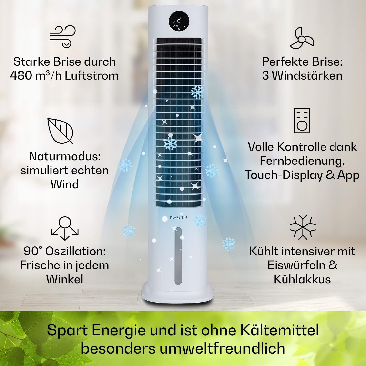 Klarstein Luftkühler mit Wasserkühlung, 5-in-1 Verdunstungskühler, Luftbefeuchter, Ventilator & Luftreiniger, Mobile Klimageräte Luftkühler mit App-Steuerung, 80W Air Cooler, 462m³/h Luftstrom, Weiß