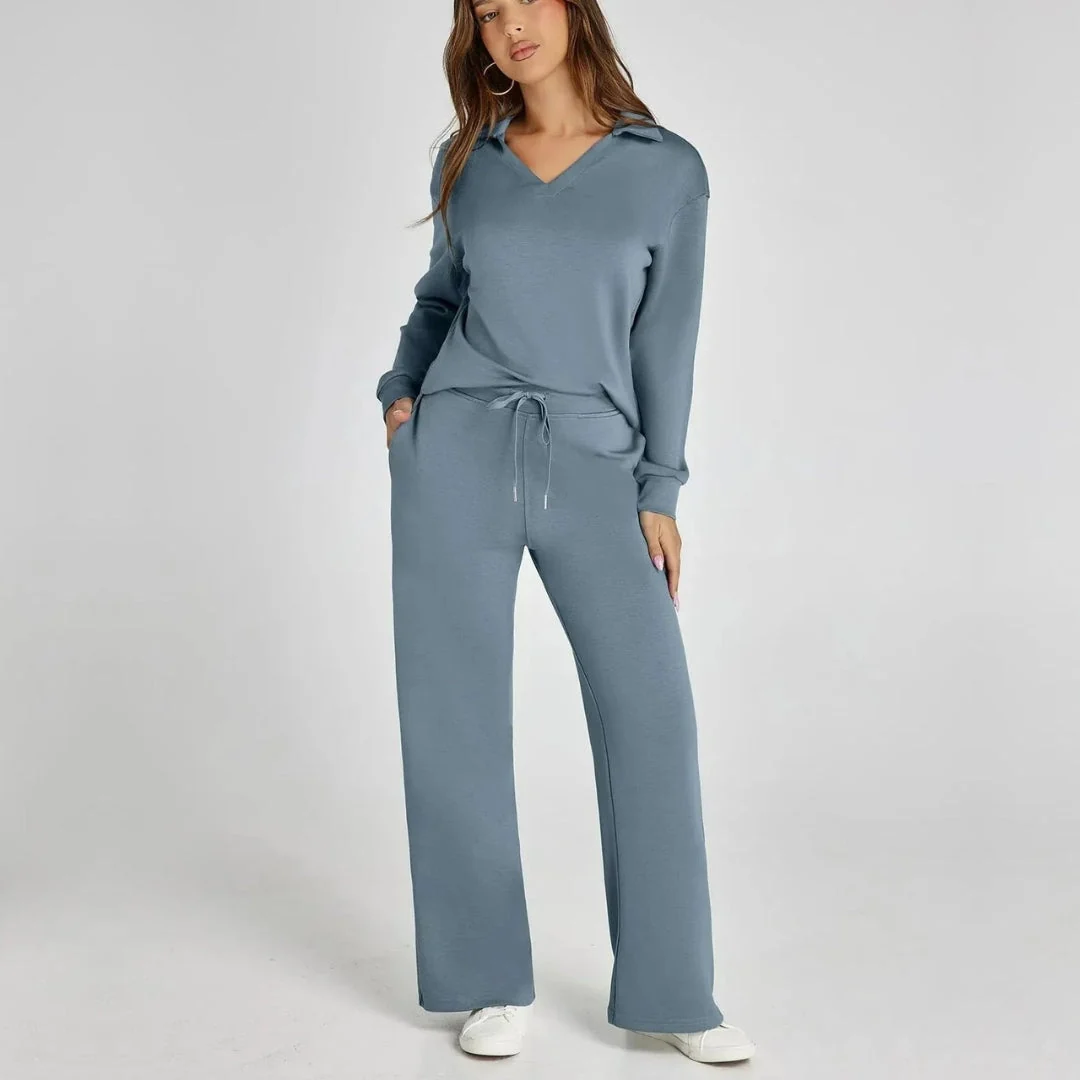 Damen Loungewear Set mit V-Ausschnitt Pullover und Weit Geschnittener Hose | Bequemer Hausanzug f��r Alltag und Freizeit