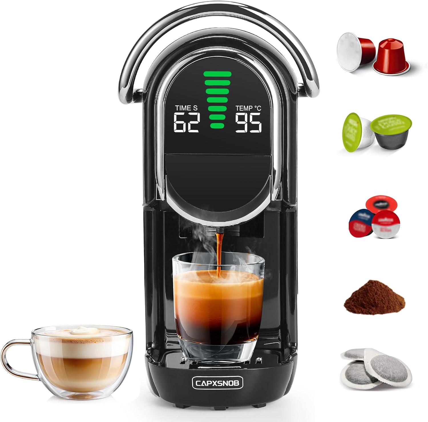 Magician1 Mini Pad-Kaffeemaschinen 5 in 1 für Nespresso Original, Dolce Gusto, Lavazza A Modo Mio Kapsel, ESE 44 mm Pads und Espresso gemahlener Kaffee, 20 Bar, 1450 W, Heiß- und Kaltgebrüht für