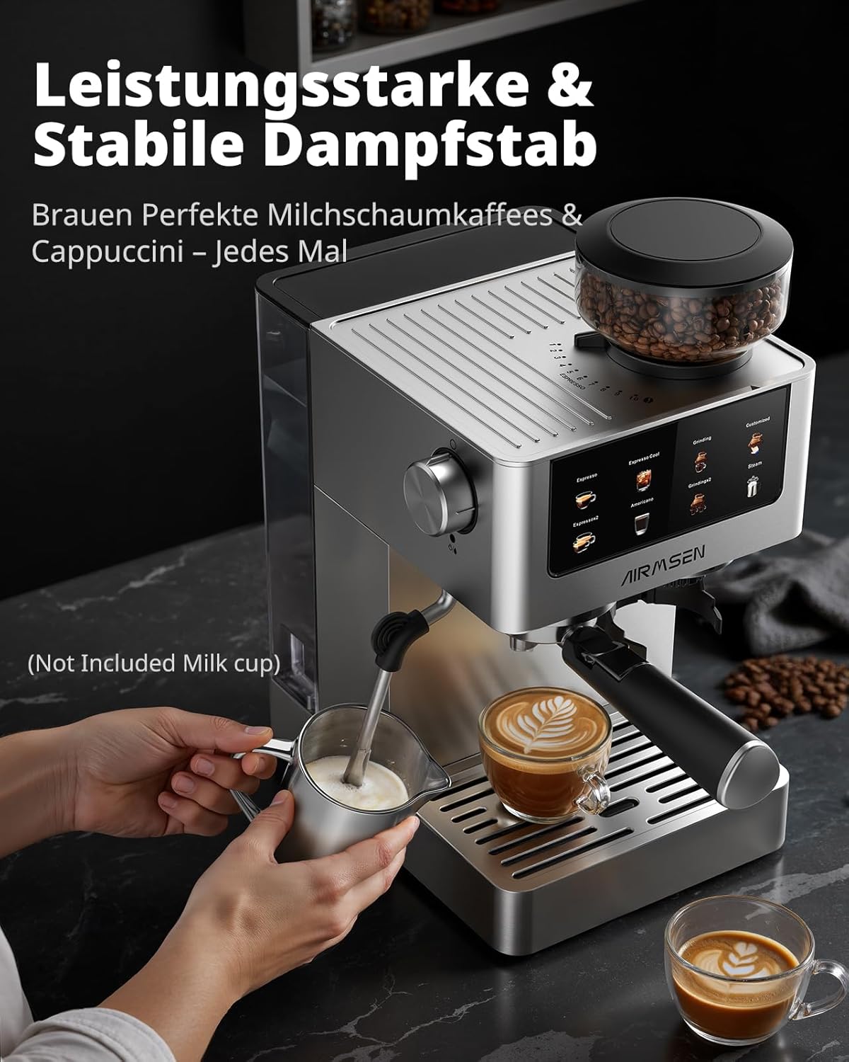 AIRMSEN 20 Bar Siebträgermaschine mit Kegelmahlwerk & Milchschäumer, 1.8L Wassertank, Edelstahl Espressomaschine Kaffeemaschine für Americano, Cappuccino und Latte