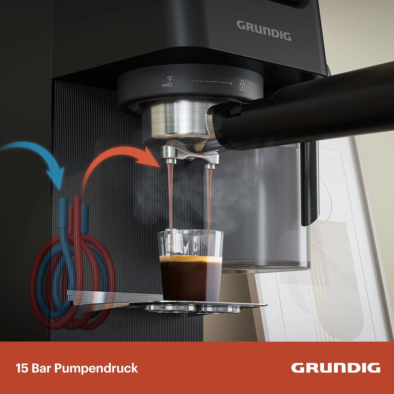 GRUNDIG KSM 5330 Espressomachine met ge?ntegreerd melkreservoir, 1628 W vermogen, 15 bar pompdruk, dubbele tuit, kleuren-touchscreen, BrewSense, CreamyPro, donker inox/zwart