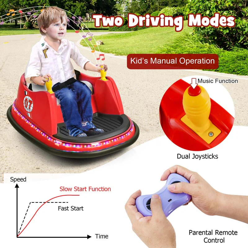 12V Toddler Bumping Car, Battery Powered Baby Ride on Bumper Car with Dual Joysticks, Flashing LED Light & 360 Degree Spin