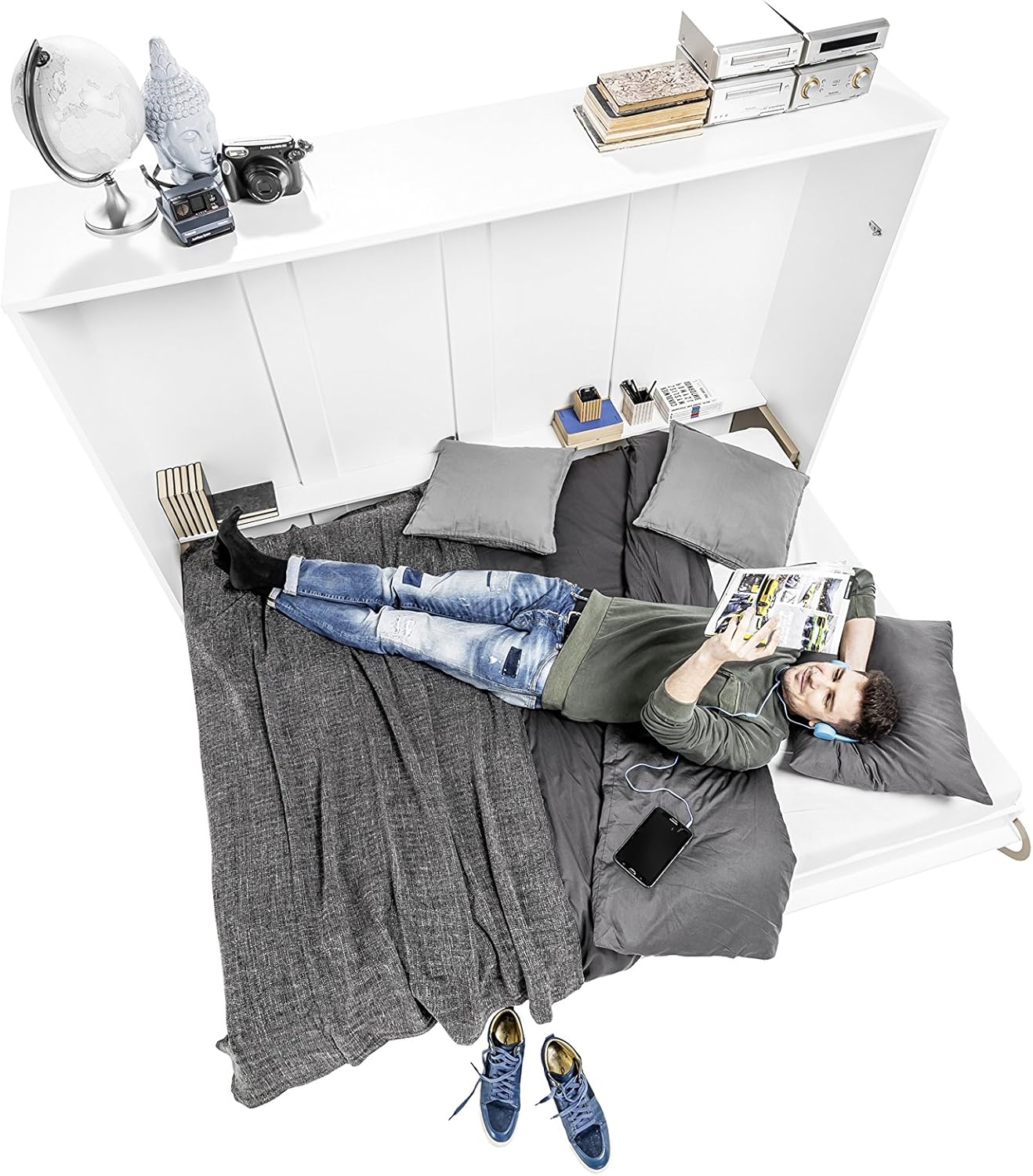 BIM Furniture Wandbett Vertical Schrankbett LENART Concept PRO Wandklappbett, Schrankklappbett Wandbett, Schrank mit integriertem Klappbett, Funktionsbett (Weiß Matt, 90 x 200 cm)
