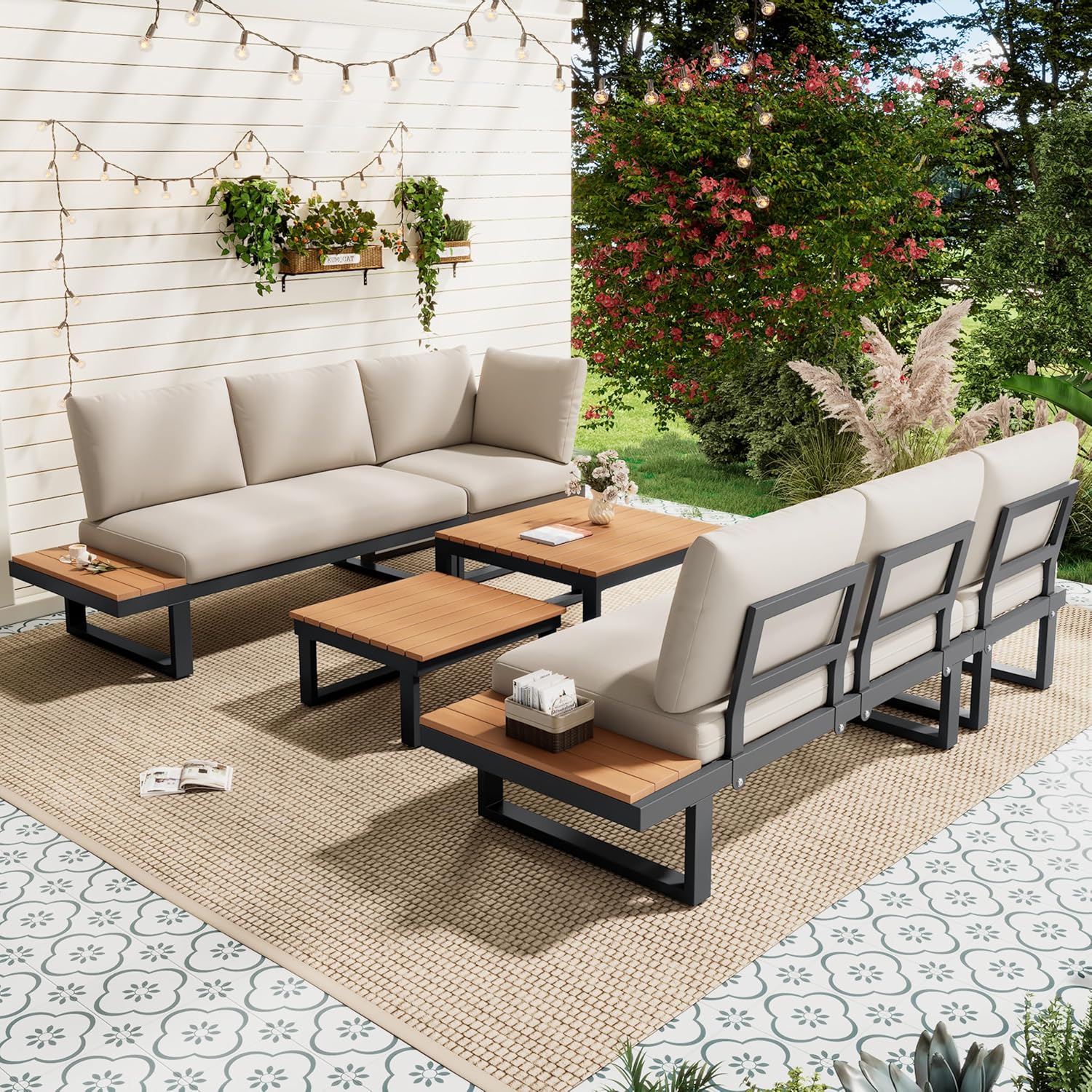 Gartenmöbel-Set, Eckstellung, mit Verstellbarer Neigungsfunktion (5-stufig, bis 55°), verzinktes Stahlrohr, Tischplatte aus Kunststoffholz, mit Zwei Couchtischen, Beige + grau