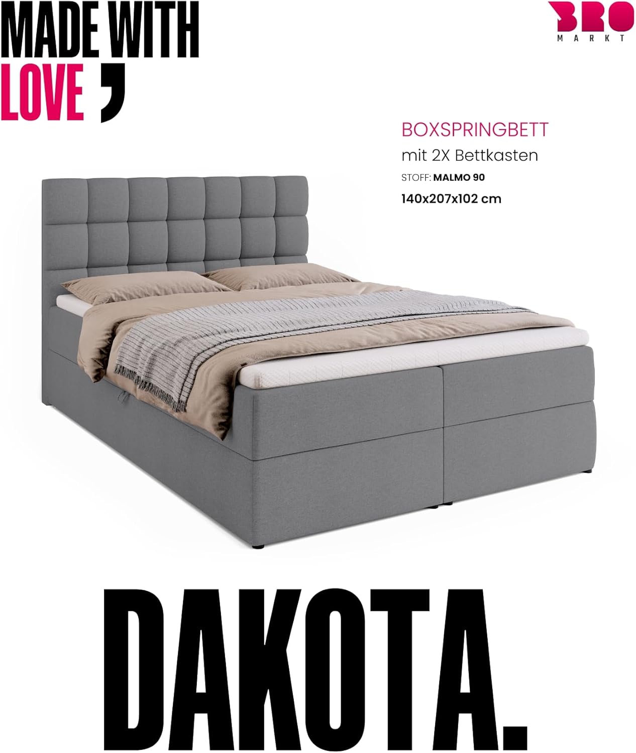 BROMARKT Boxspringbett mit Bettkasten Polsterbett mit Bonell-Matratze und Topper Bett für Schlafzimmer gepolstertes Kopfteil Dakota bonellfedern 140x200 Härtegrad H3 Grau Malmo