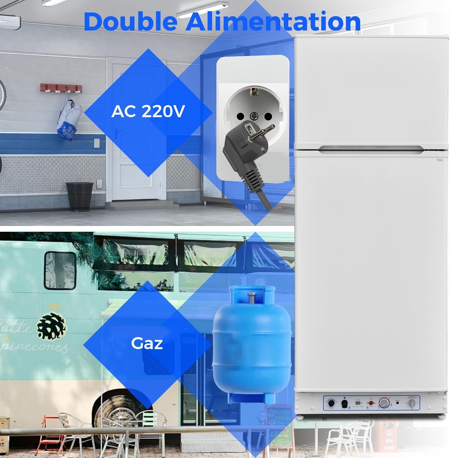 Smad Frigo Gaz, 380L(287+93), Frigo Gaz/220V avec Congélateur, Réfrigérateur Camping Gaz, Silencieux pour Gîte, Garage, Camping, Mobile-home, Blanc