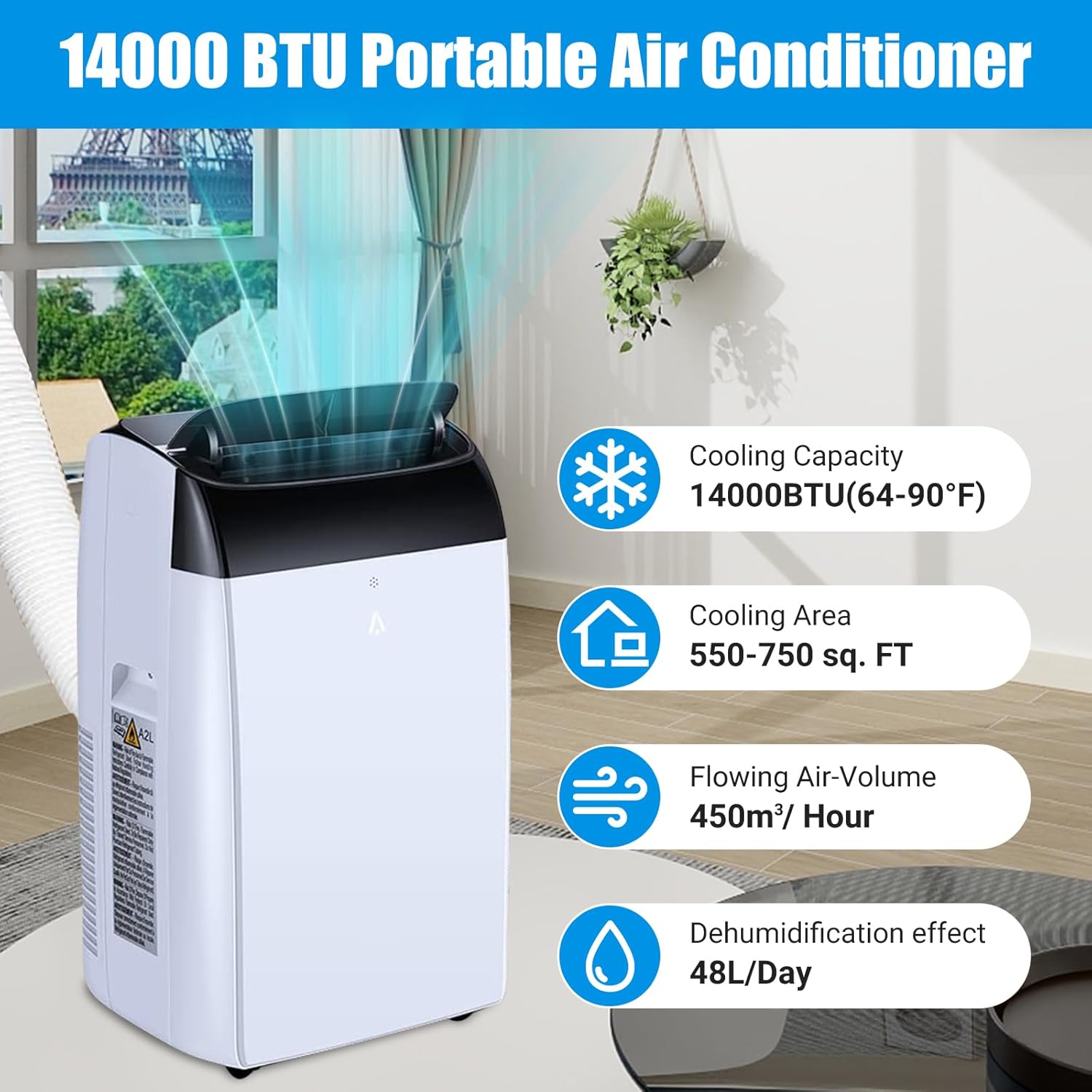 Hipicute 14000 BTU Mobile Klimagerät mit Fernbedienung 3 in 1 Kühler AC-Einheit mit Ventilator und Luftentfeuchter, erfrischt den Raum bis zu 750 Quadratmeter