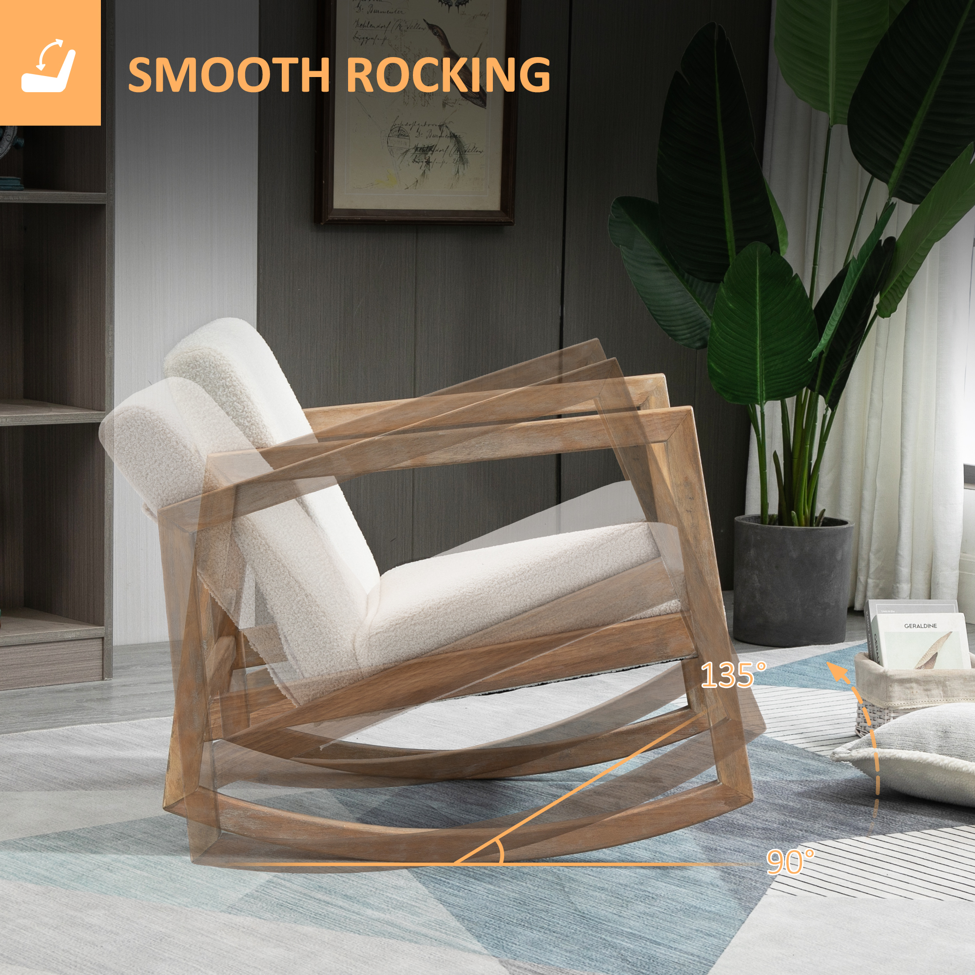 schommelstoel met houten frame, gestoffeerd, relaxstoel, fauteuil, woonkamerstoel, salon met gestoffeerde zitting, rubberhout, cr��me wit, 60 x 81 x 71 cm