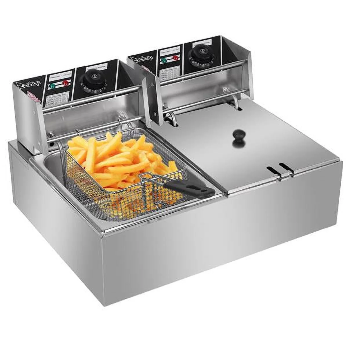 Elektrische tafelfriteuse met dubbele tank van roestvrij staal �C Friteuse met grote capaciteit �C Elektrische friteuse �C Tafelmodel �C Professionele friteuse met grote bak voor frietjes (12,7 QT/12 L, 5000 W)