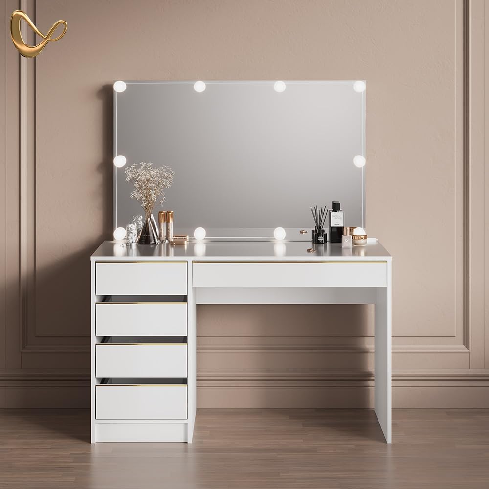 Livinity Schminktisch Imola, Weiß/Gold, 120 cm mit LED Beleuchtung