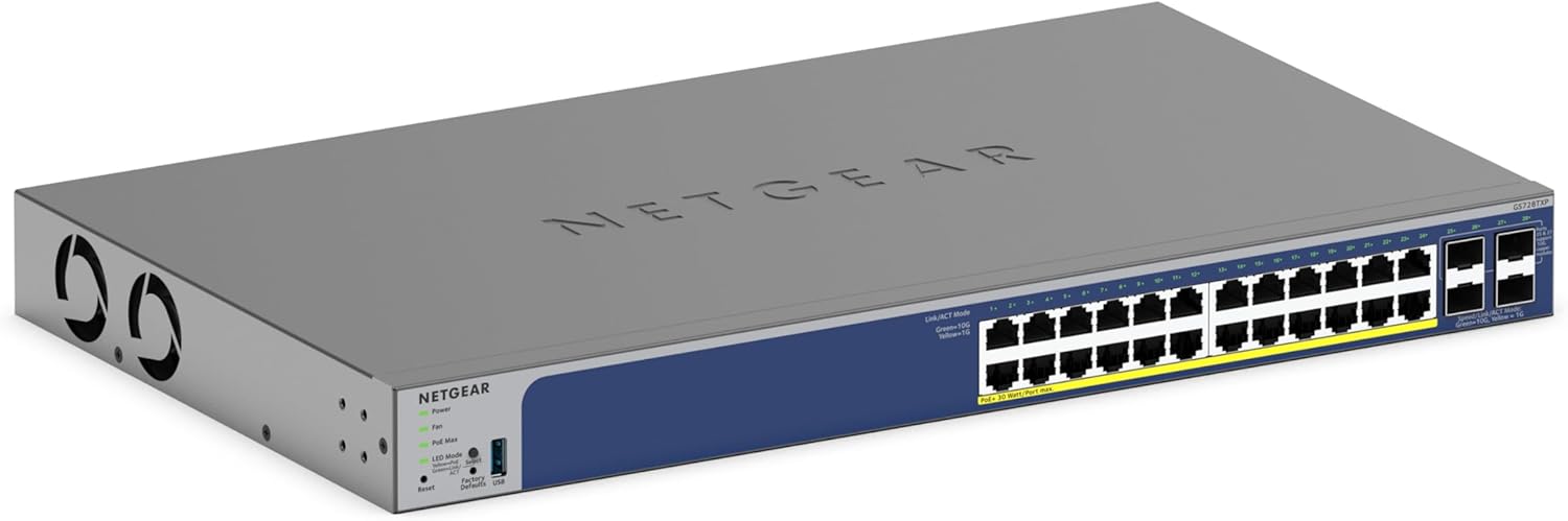 NETGEAR 28-Port PoE Gigabit Ethernet Smart Switch (GS728TXP): Managed, mit 24 PoE+ bei 190 W, 4 10G-SFP+, optionales Insight Cloud Management, Wand- oder Rack-Befestigung und eingeschränkte Garantie