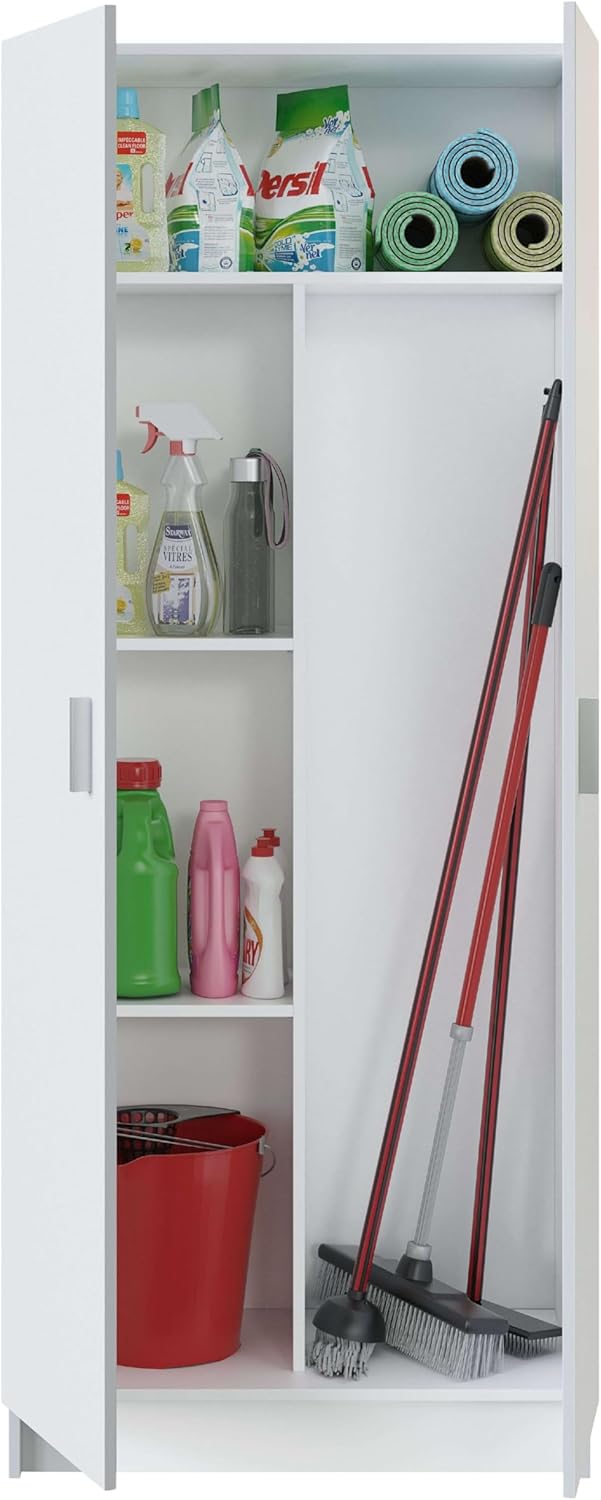 Habitdesign Multi-Purpose Wardrobe, Broom 2 Doors 3 Shelves, 180 x 73 x 37 cm (H x W x D – cm), Matt White