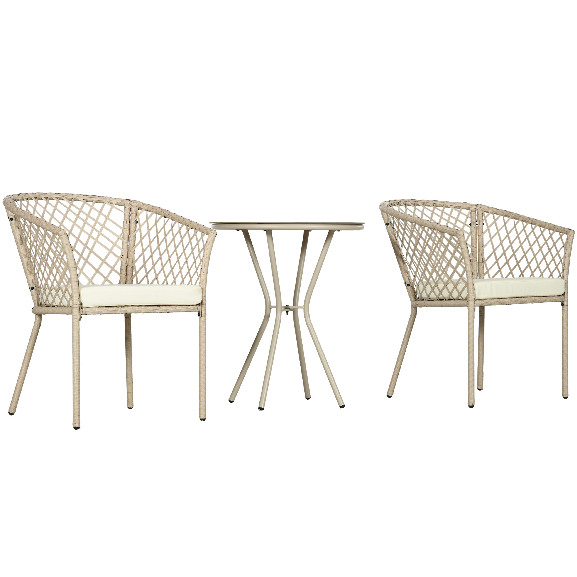 Rattan Tuinmeubelset, 2 Stoelen en Tafel, Gehard Glas Tafelblad, PE Rattan, Zitkussens, Metalen Frame, Khaki