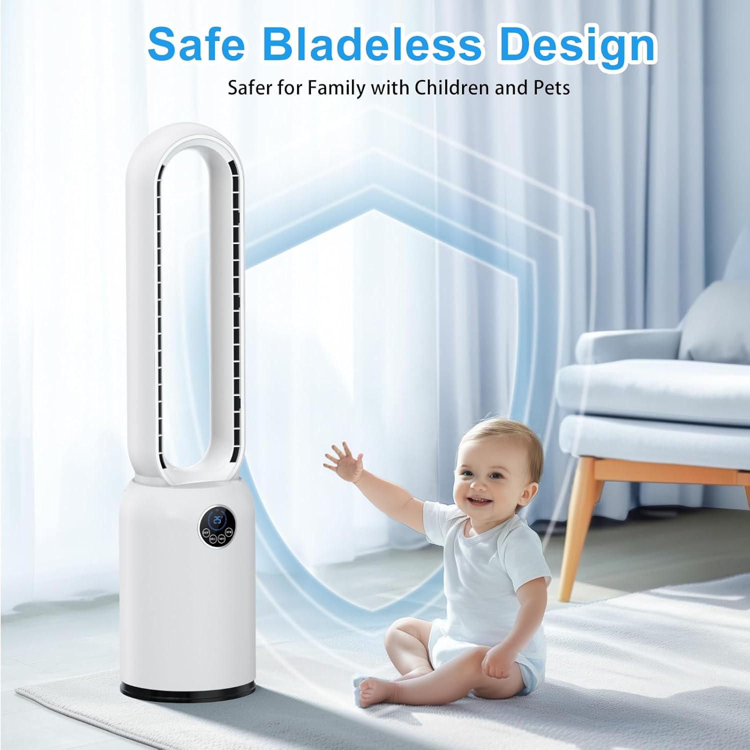 Turmventilator ohne Flügel 88cm – geräuschloser Standventilator mit 55W Motor, LED-Touchscreen & Fernbedienung, 12-Stunden-Timer, 90° oszillierend für Schlafzimmer & Büro (Weiß)