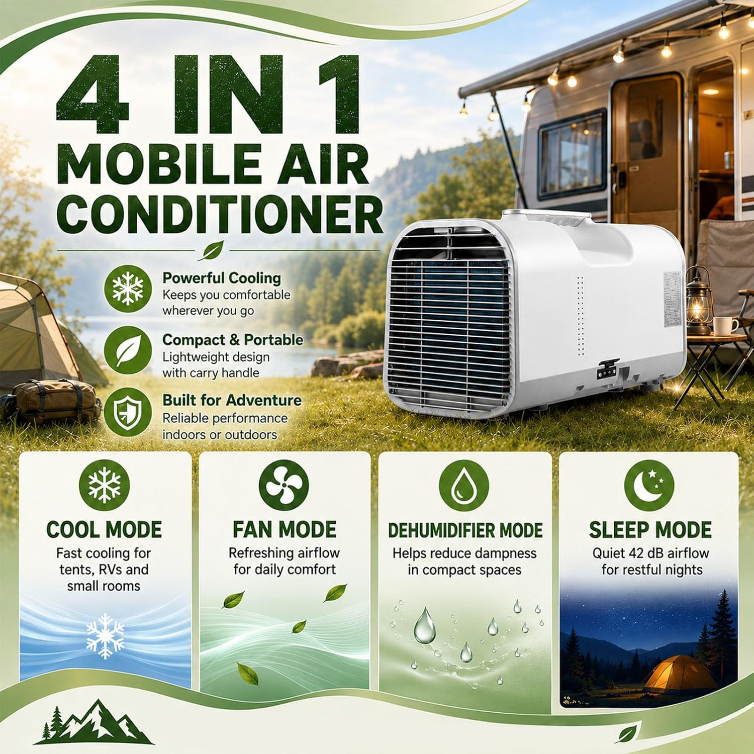 4-In-1 Camping-Klimagerät, Tragbare Klimaanlage, Mobiler Klimagerät, Professioneller Luftkühler Für Hütte Und Büro, 4 Modi: Kühlen/Ventilieren/Entfeuchten/Schlafen, Für Reisen 1500W