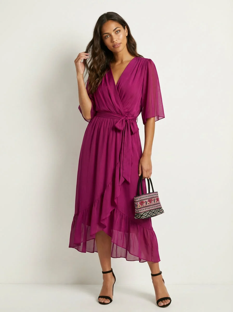 Damen Midi-Wickelkleid mit V-Ausschnitt | Flie?endes Kleid mit Bindeg��rtel und asymmetrischem Saum f��r Freizeit und Anl?sse