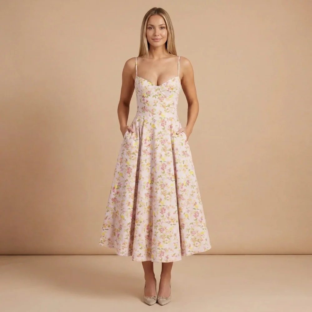 Damen Cocktail-Midikleid mit Herzausschnitt und ausgestelltem Rock
