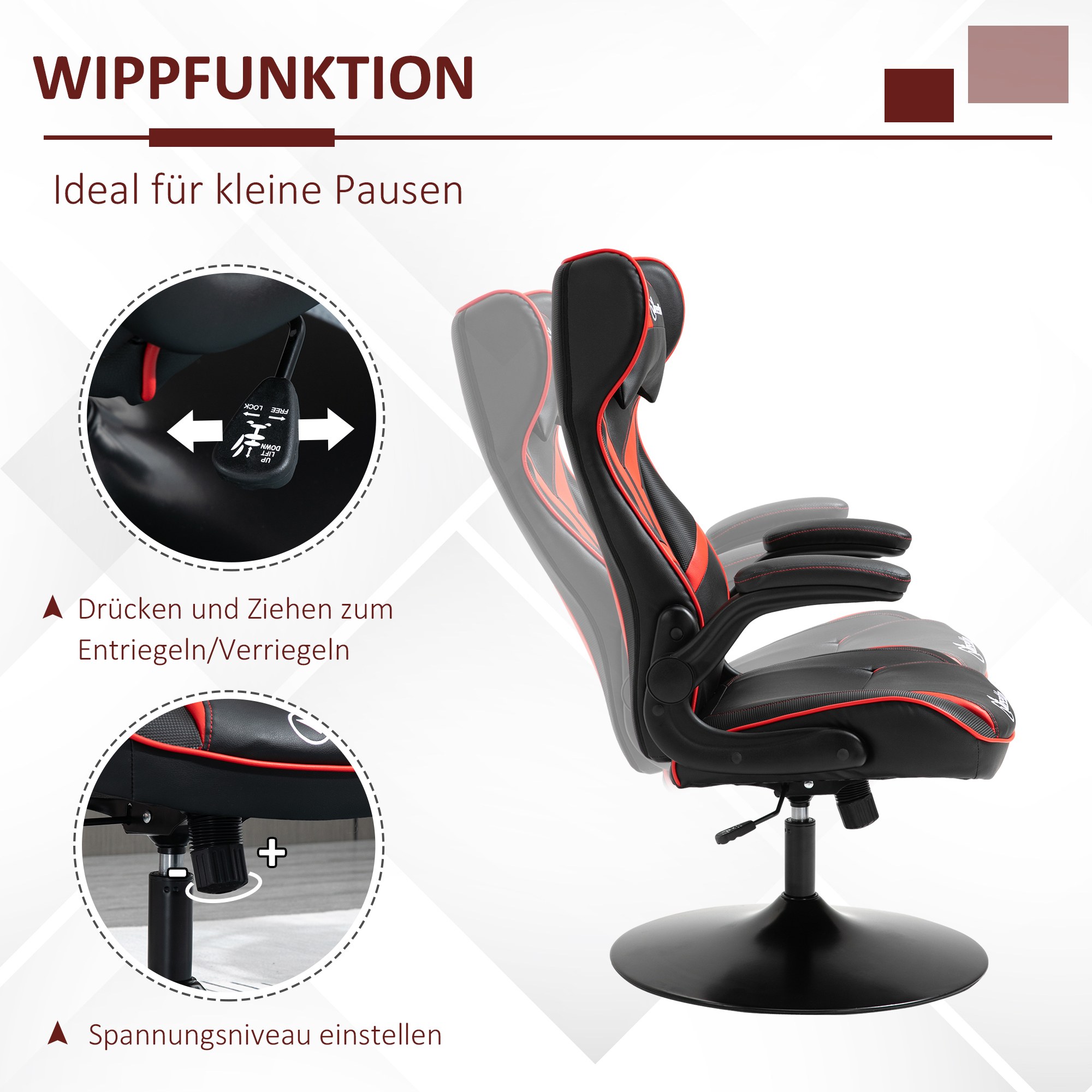Vinsetto gamestoel ergonomische computerstoel met kantelfunctie draaistoel in hoogte verstelbaar staal zwart + rood 67 x 75 x 106-112 cm