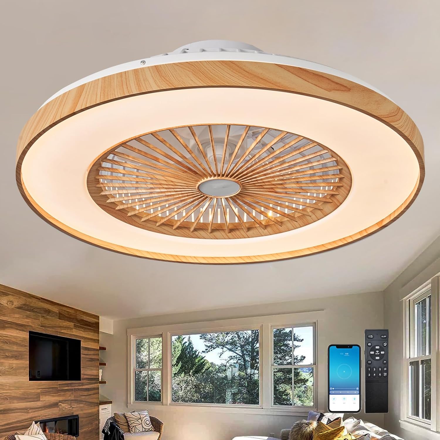 Silencieux Ventilateur de Plafond avec Lumière et Télécommande 50cm | LED Grand Luminaire Ventilateur Plafond 96 Watt 9600 Lumen Dimmable Reversible DC Motor pour Chambre Salon