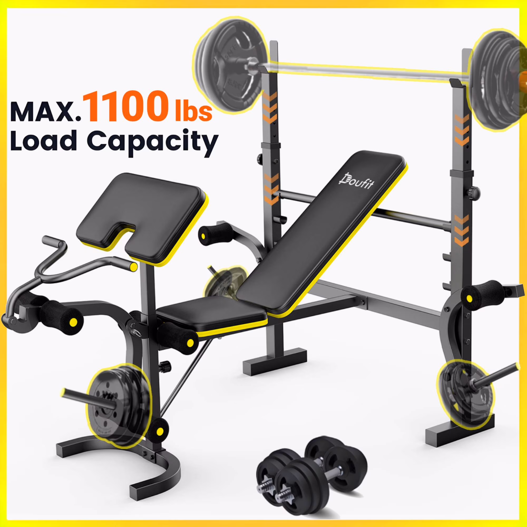 Weight Bench, Blacksmith 1100 lb 6 - in - 1 Workout Bench Press with Squat Rack Leg Developer Preacher Curl Butterfly Arms, Gym Exercise Equipment for Full Body Home Gym