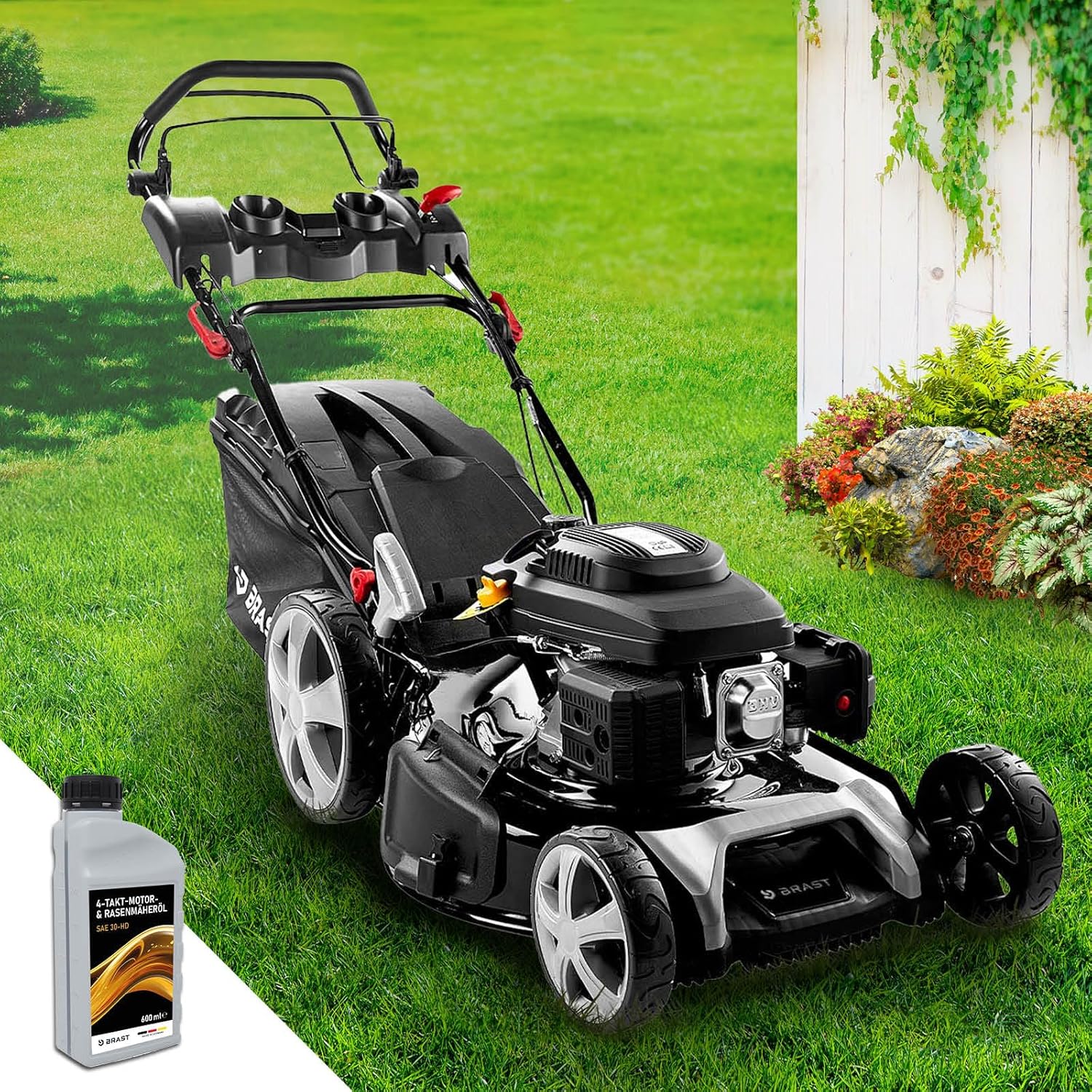BRAST Benzin Rasenmäher mit Antrieb 5,2kW (7PS) 55cm Schnittbreite viele Modelle TÜV 30-80mm Schnitthöhe 60L Fangkorb 4 Takt OHV Motor Stahlgehäuse Power