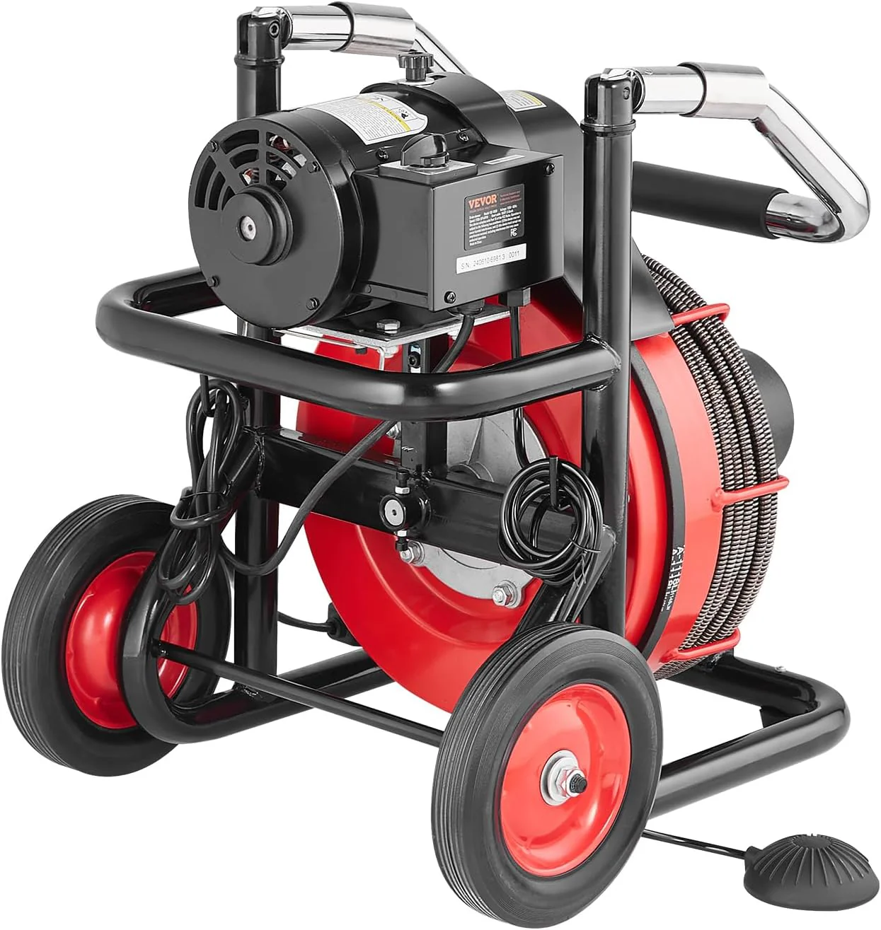 Drain Cleaner Machine 100FT x 1/2 Inch. Auto Feed Sewer Snake Auger on Wheels. 550W Portable Drain Cleaning Machine with 8 Cutters & Air-activated Foot Switch for 2 to 4 Pipes