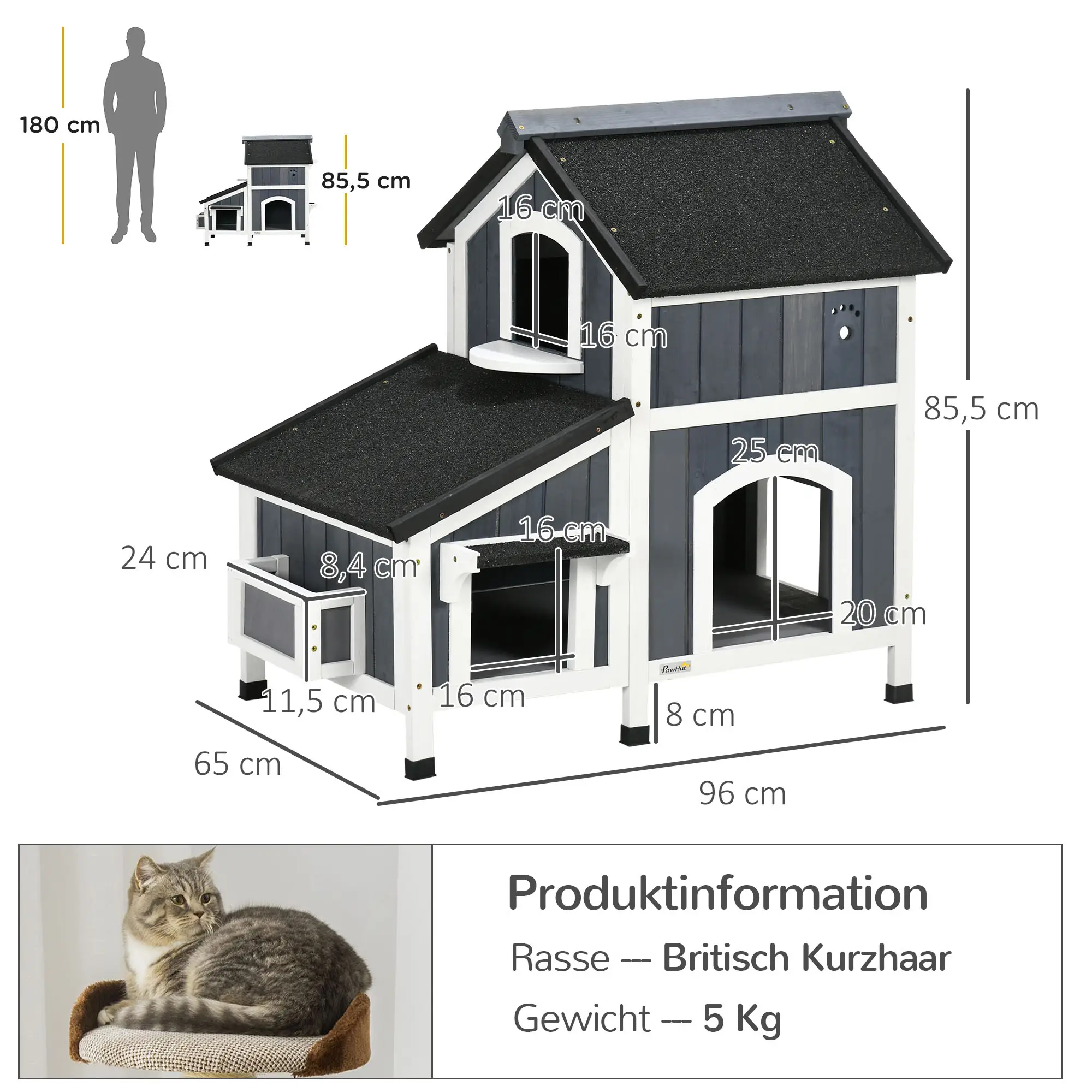 PawHut Kattenhuis voor buiten, 2 verdiepingen met asfaltdak en bloembak