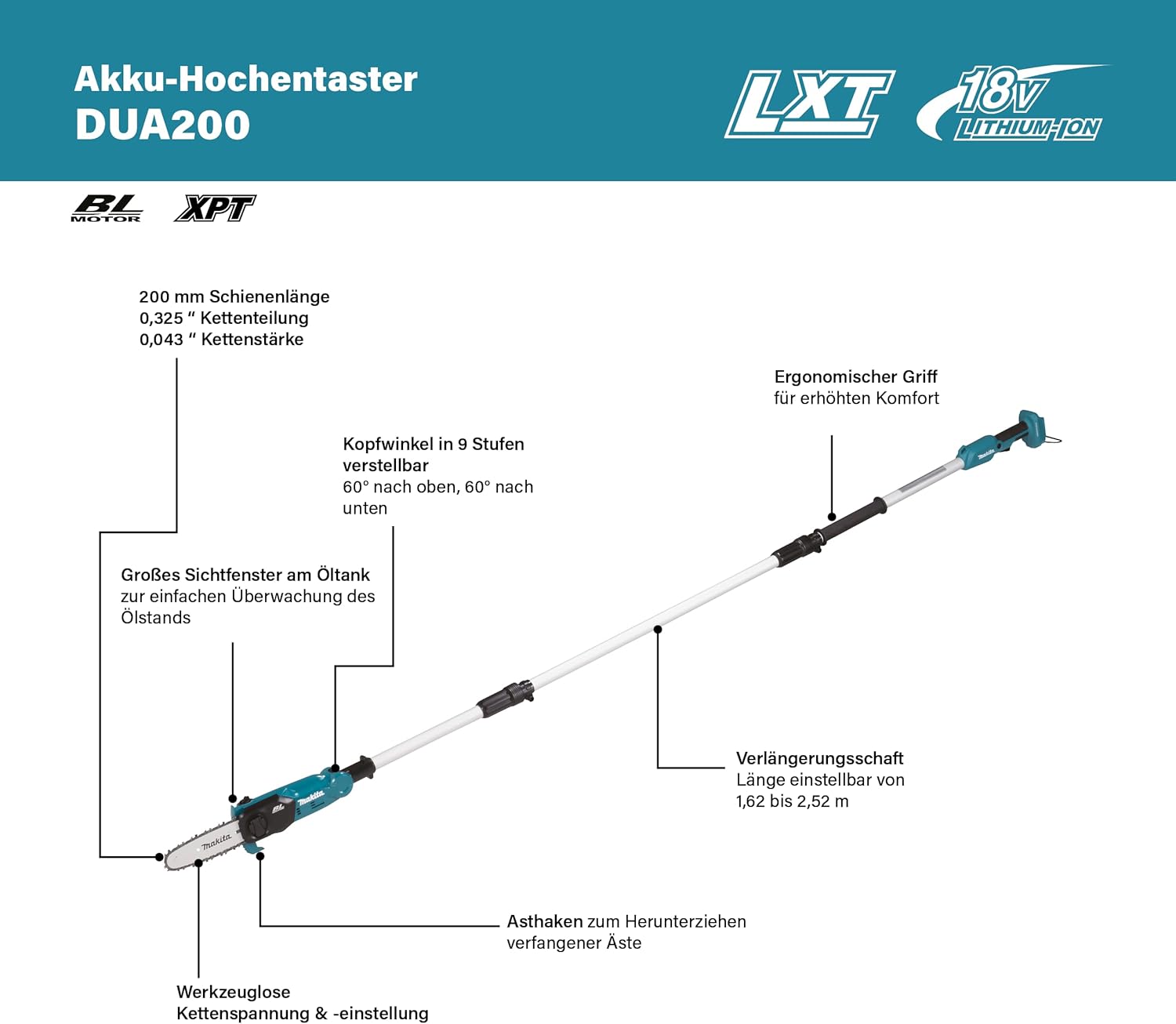 DUA200Z Akku-Hochentaster 18V (ohne Ladegerät und Akkus)